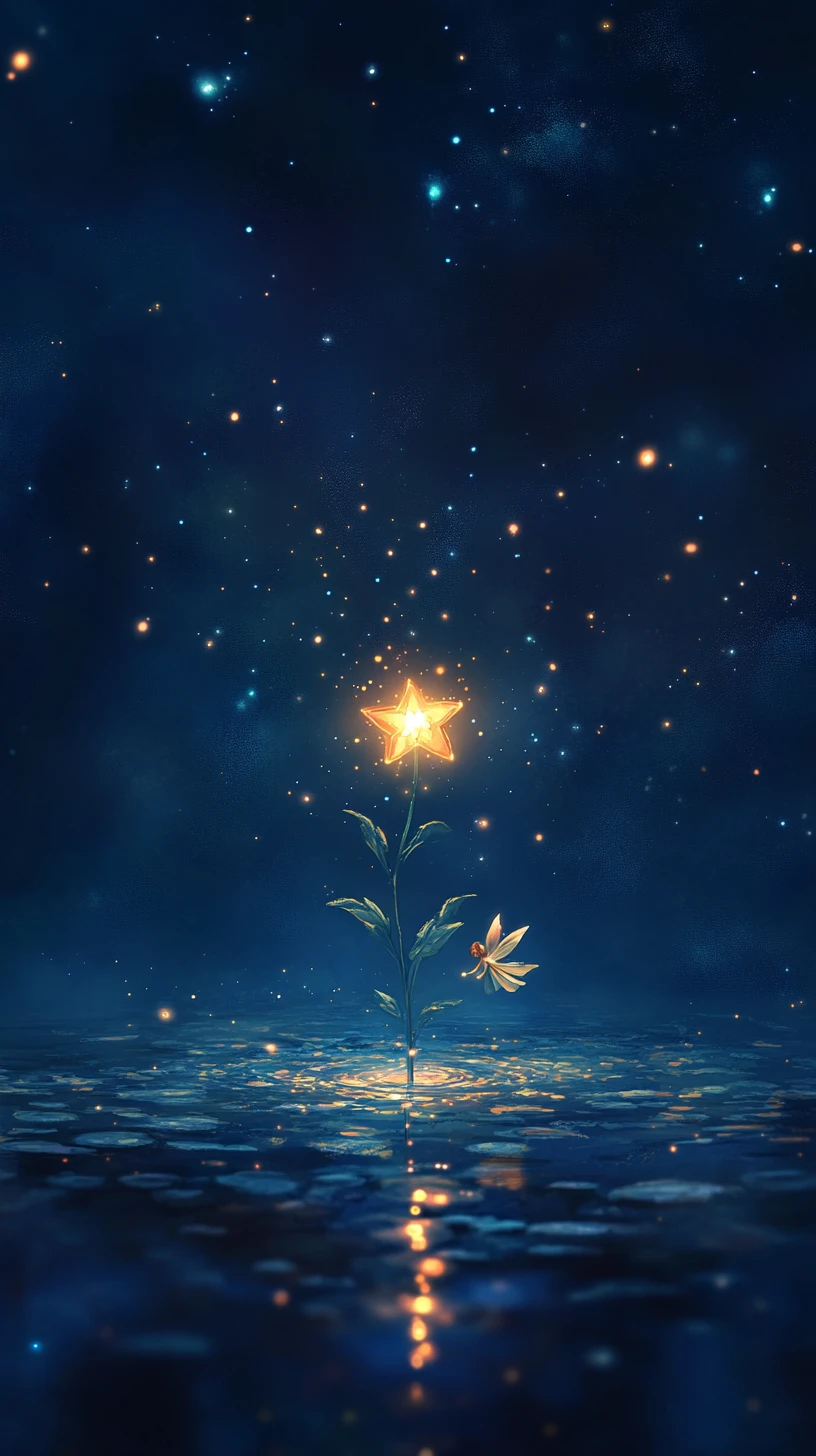 Glowing Star Flower On Still Night Water With Tiny Fairy