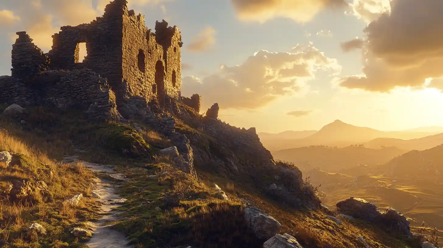 Ancient stone castle ruin on a cliff at sunset