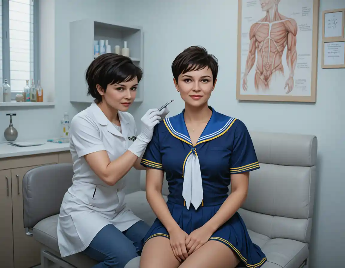 Krankenschwester untersucht Cheerleader-Mädchen in einer klinischen Praxis