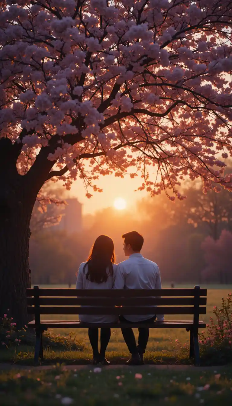 Romantic couple on a bench under cherry blossoms at sunset
