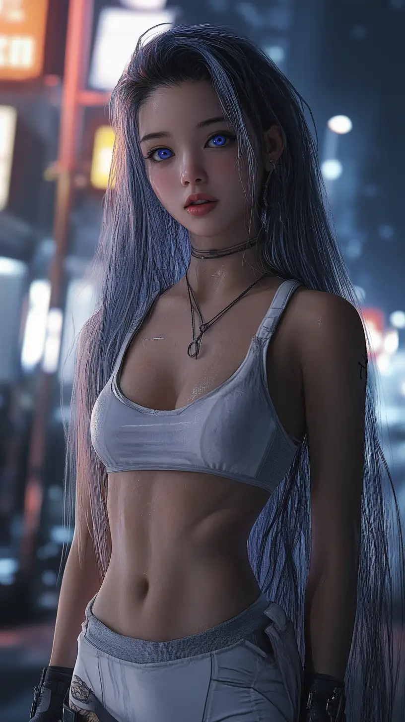 Anime girl in Baltimore city street with fearful blue eyes