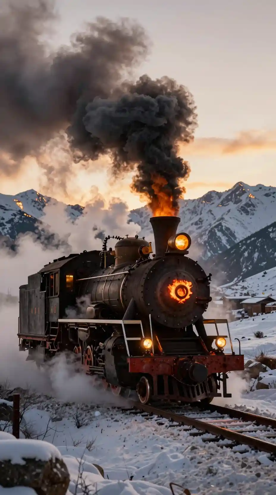 Treno a vapore che ruggisce tra montagne innevate al tramonto