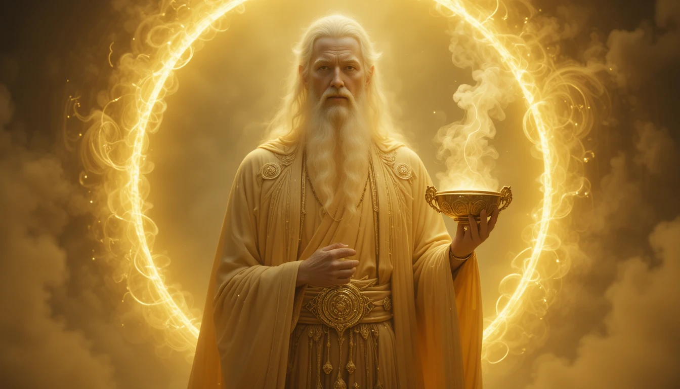 Mystical healer holding golden censer in glowing aura