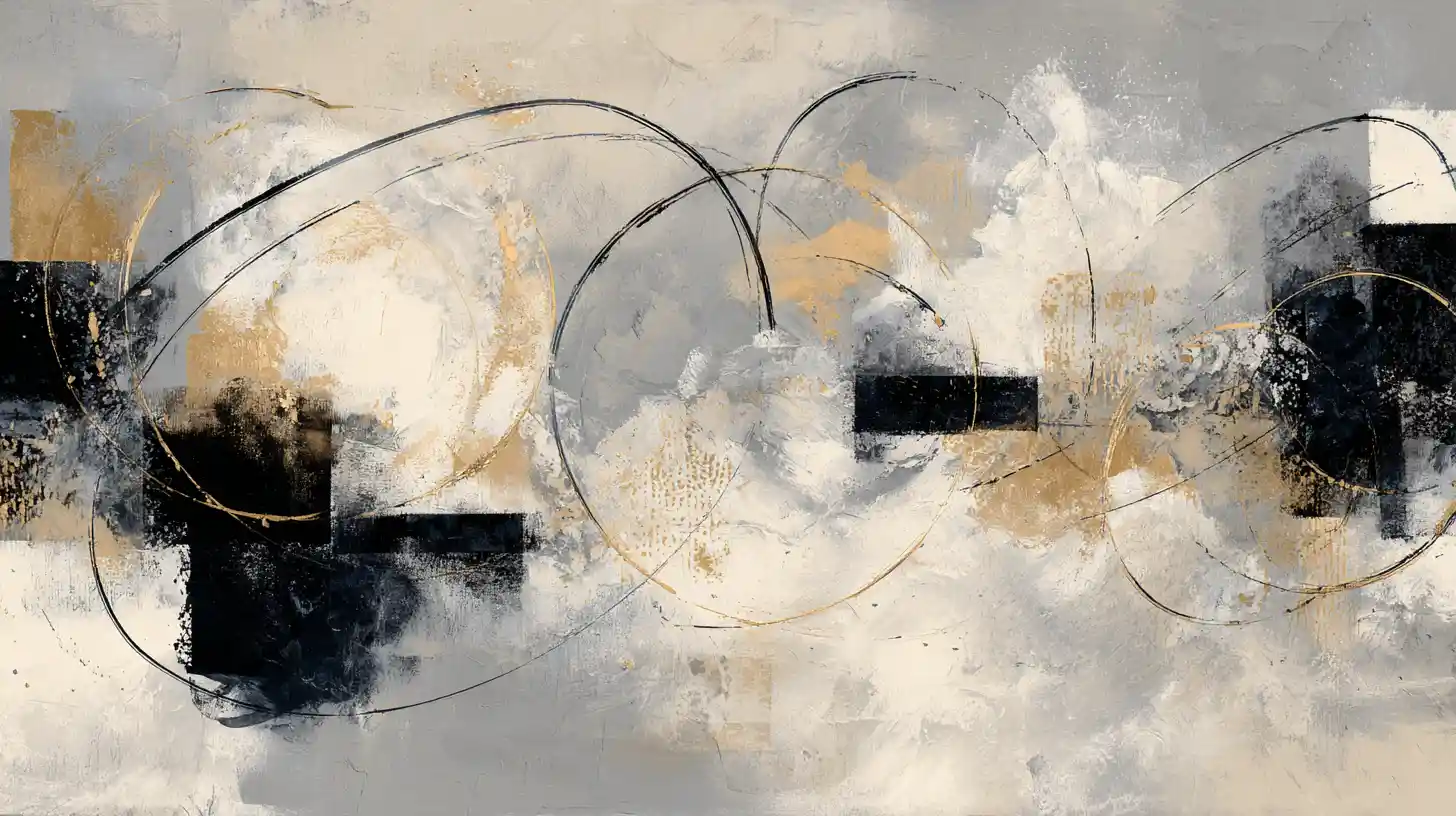 Pintura abstrata minimalista com linhas fluídas e detalhes em dourado