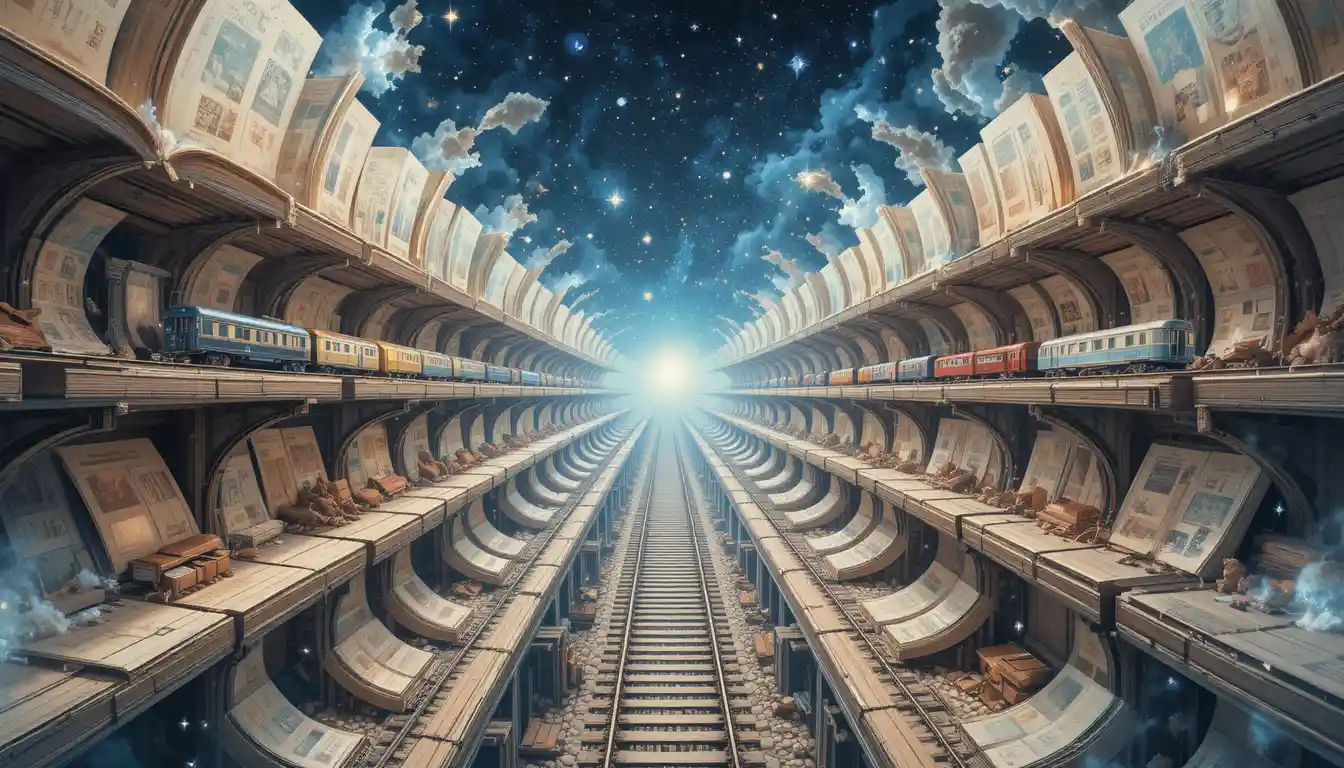 Fantastical top down view of layered celestial train station