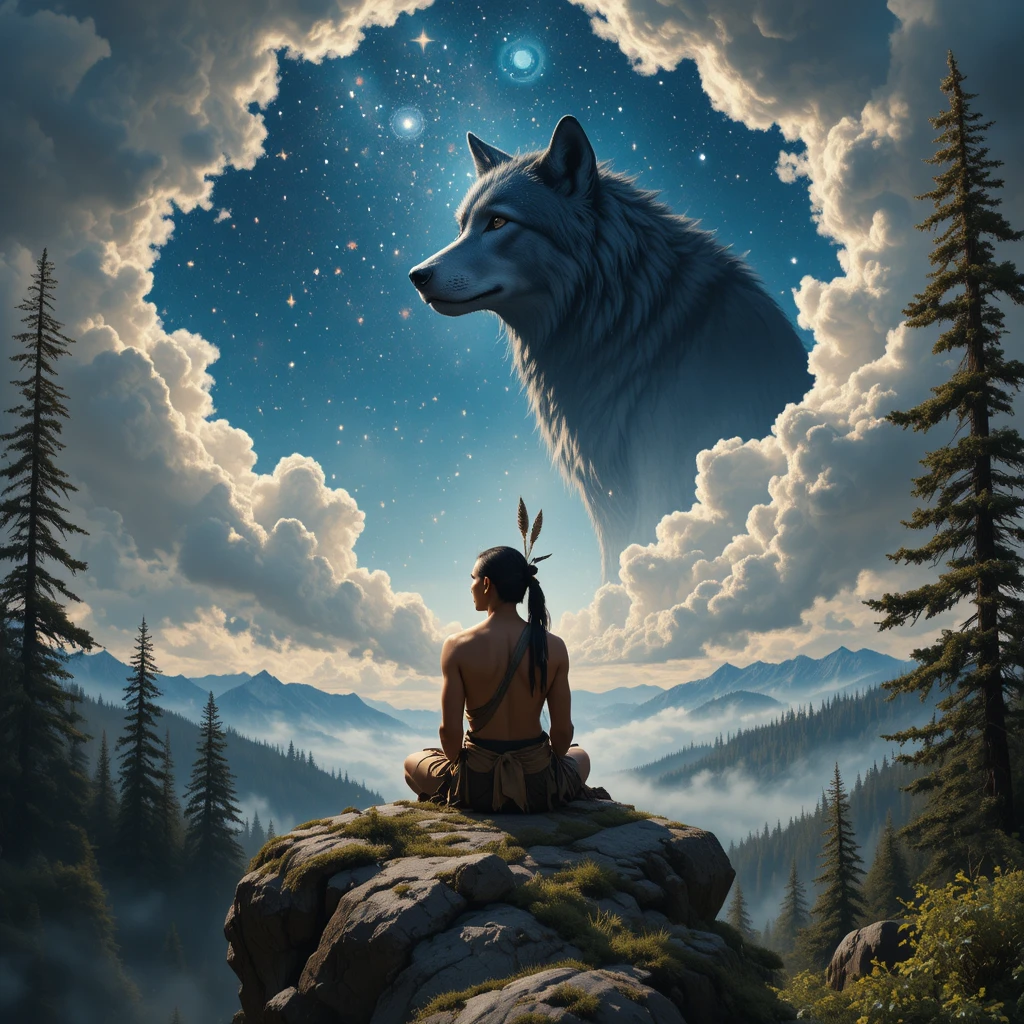 Native American man under starry sky with ghostly wolf