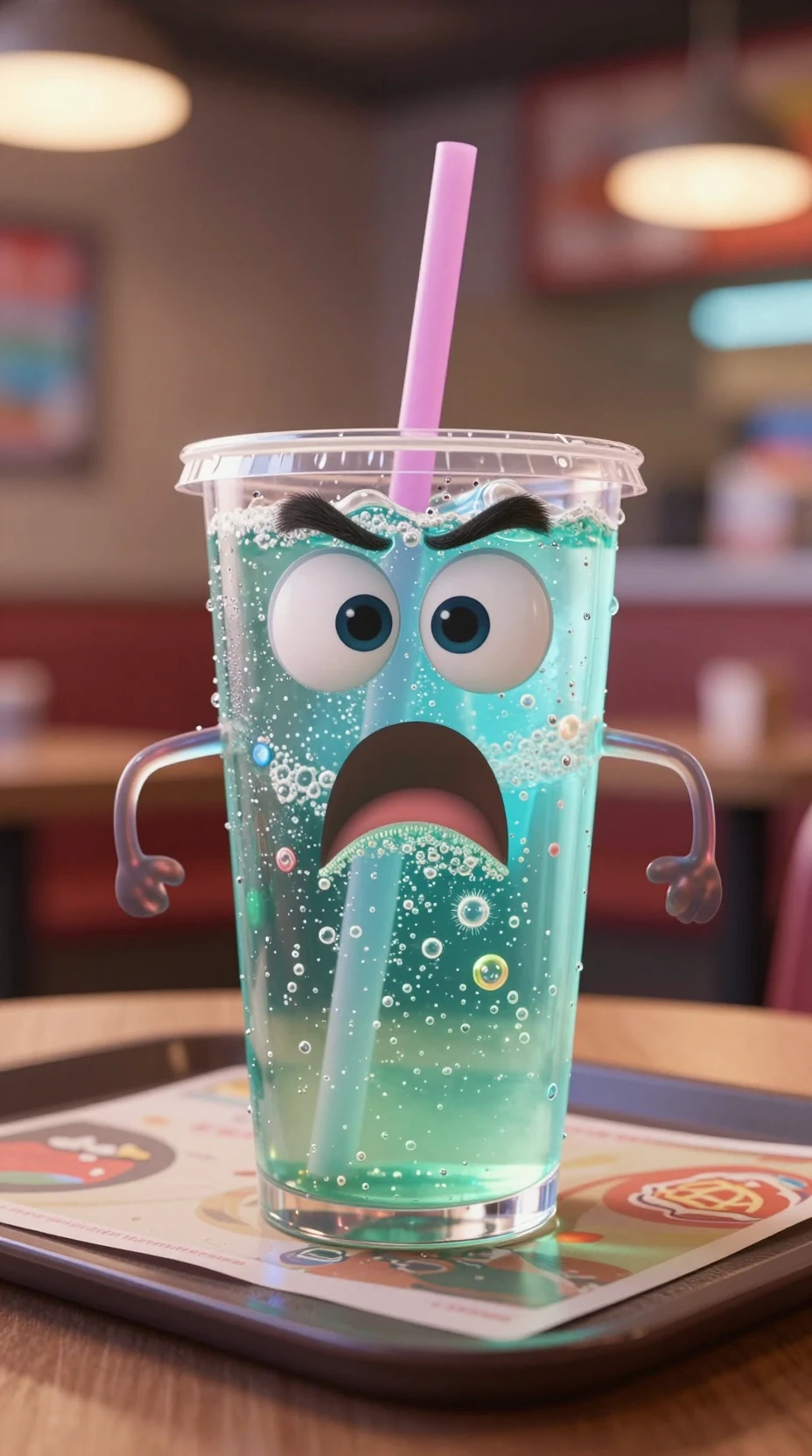 Personnage de boisson gazeuse nerveuse sur un plateau de fast-food