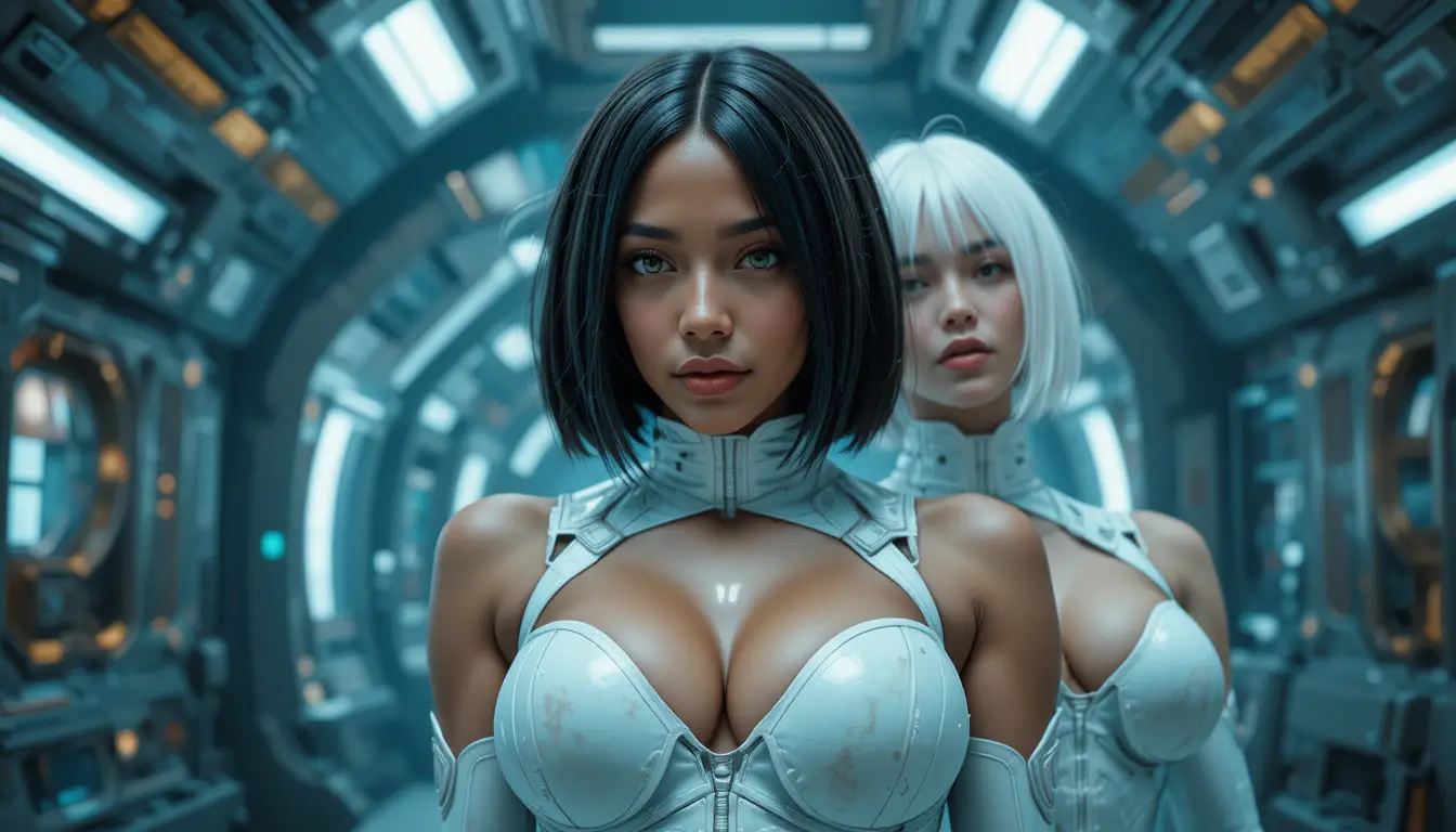 Due donne sci-fi in tute spaziali aderenti su un mondo alieno