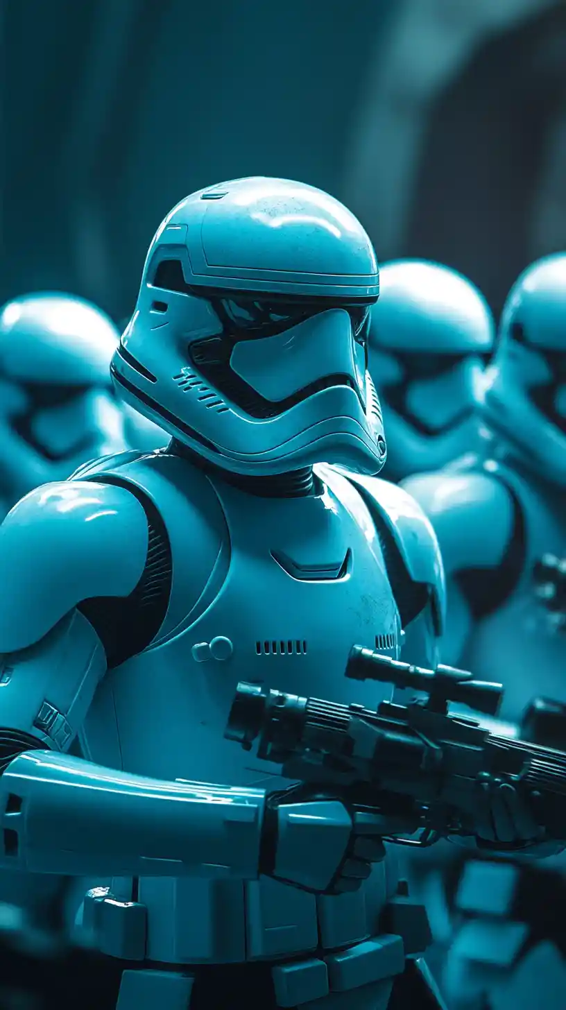Armored stormtrooper legion emerging from dense eerie mist