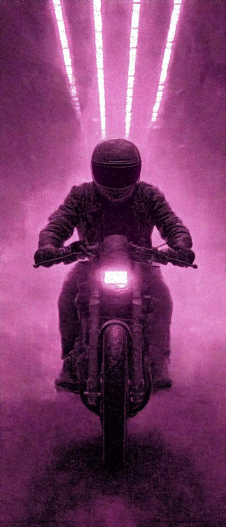 Cavaleiro solitário acelera moto neon por túnel escuro