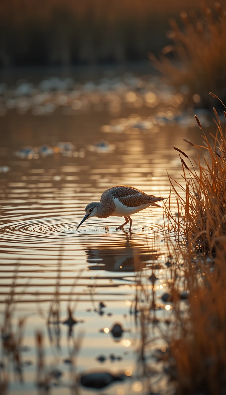 金色夕陽下獨自涉水的潟湖濱鳥