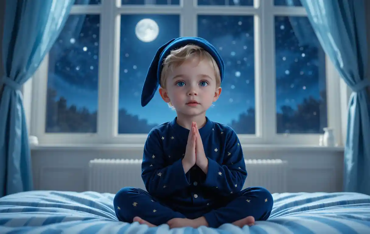 Menino loiro rezando em uma cama aconchegante iluminada pela lua