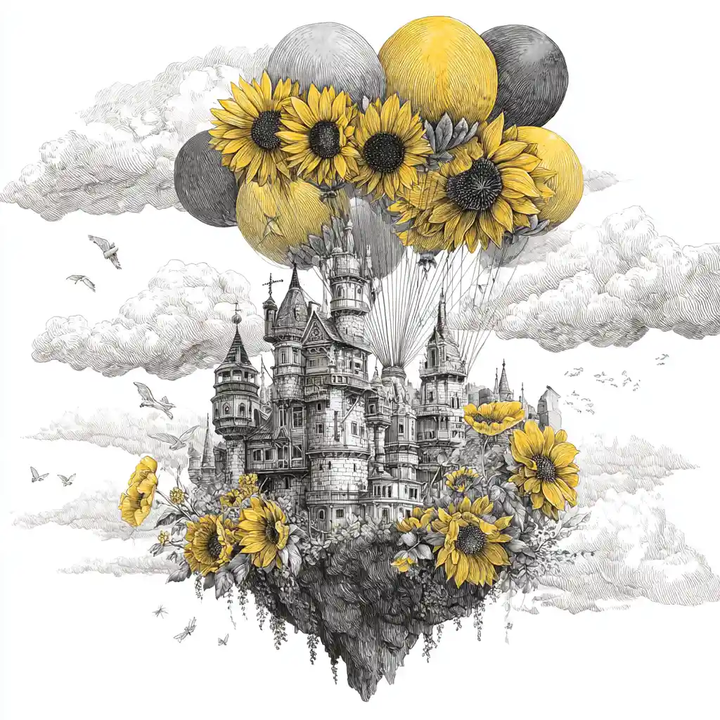 Steampunk-Schloss über den Wolken mit surrealen Ballons