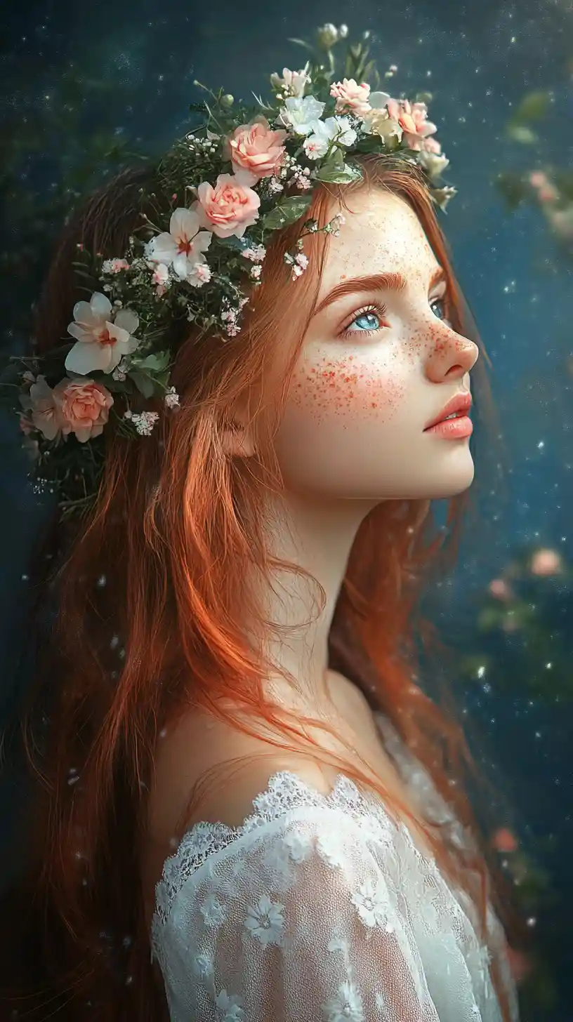 Flower crowned anime girl under a starry blue sky