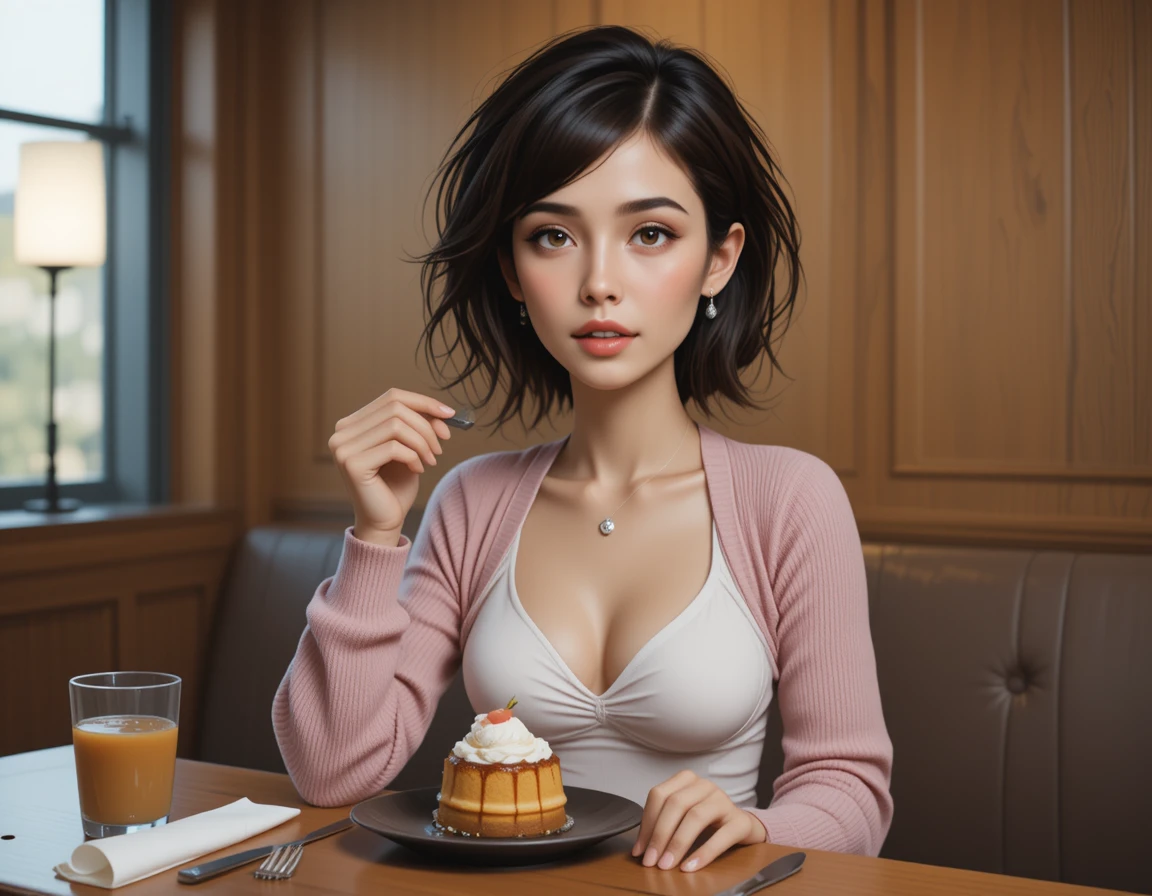 Young asian woman enjoying dessert in a cozy restaurant