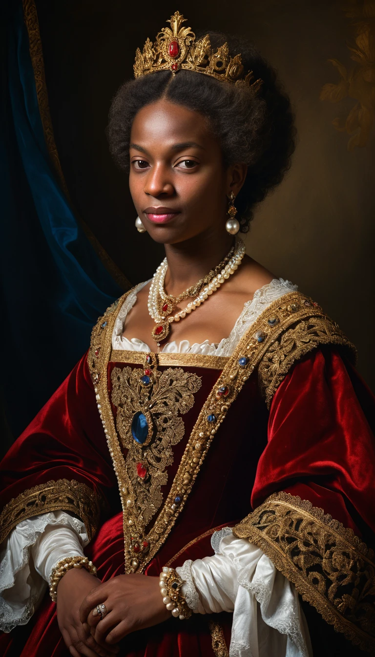 Regale regina nera in ritratto reale a olio con velluto rosso