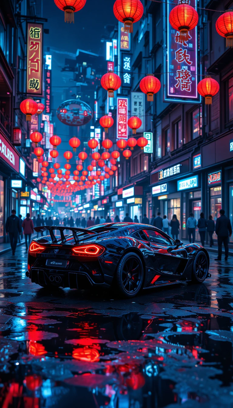 Futuristic black sports car on neon lit wet city street