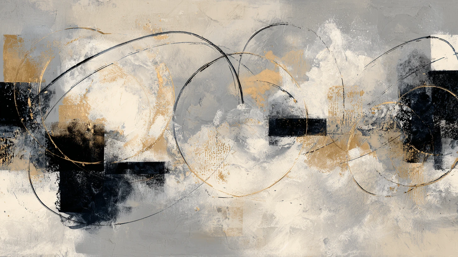 Pintura abstrata minimalista com linhas fluídas e detalhes em dourado