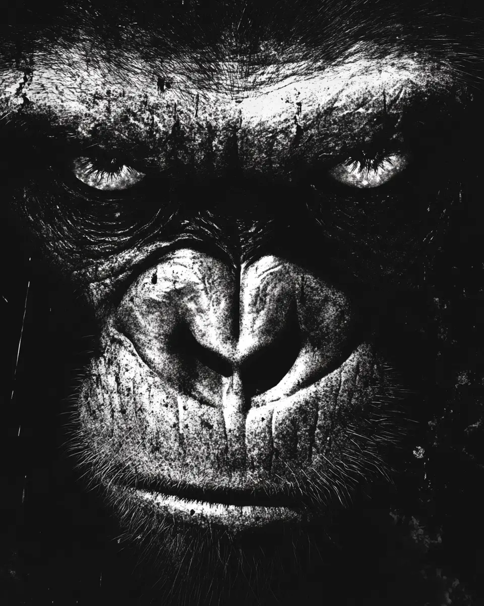Terrifying Close Up Ape Portrait In Harsh Black And White