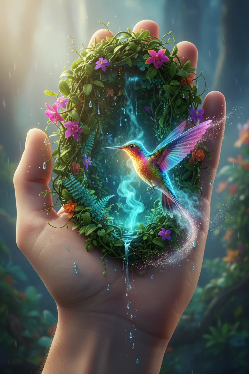 Esprit de colibri surréaliste au-dessus d’un minuscule monde tropical