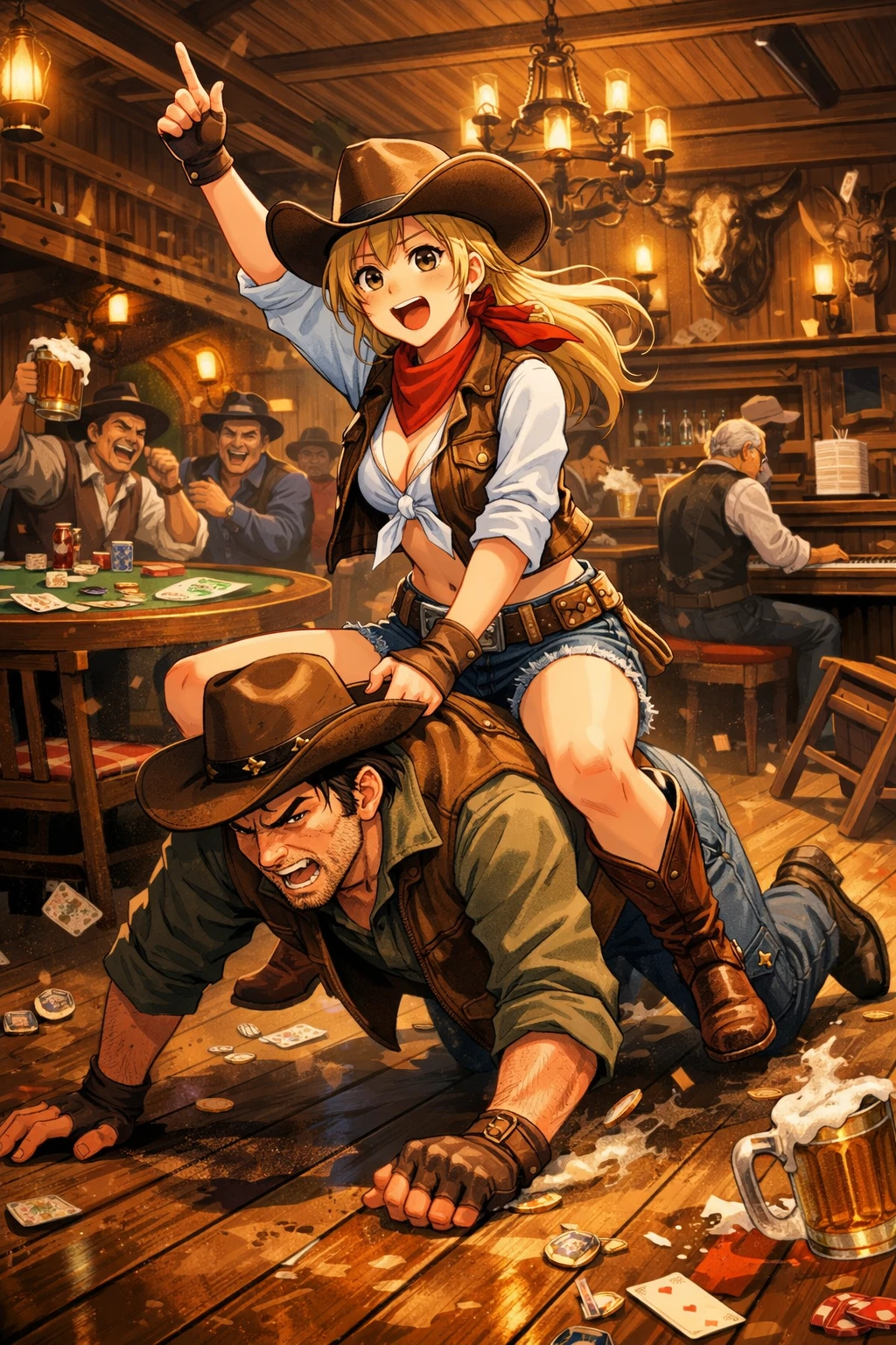 Cowgirl in stile anime che cavalca un cowboy in un vivace saloon rodeo