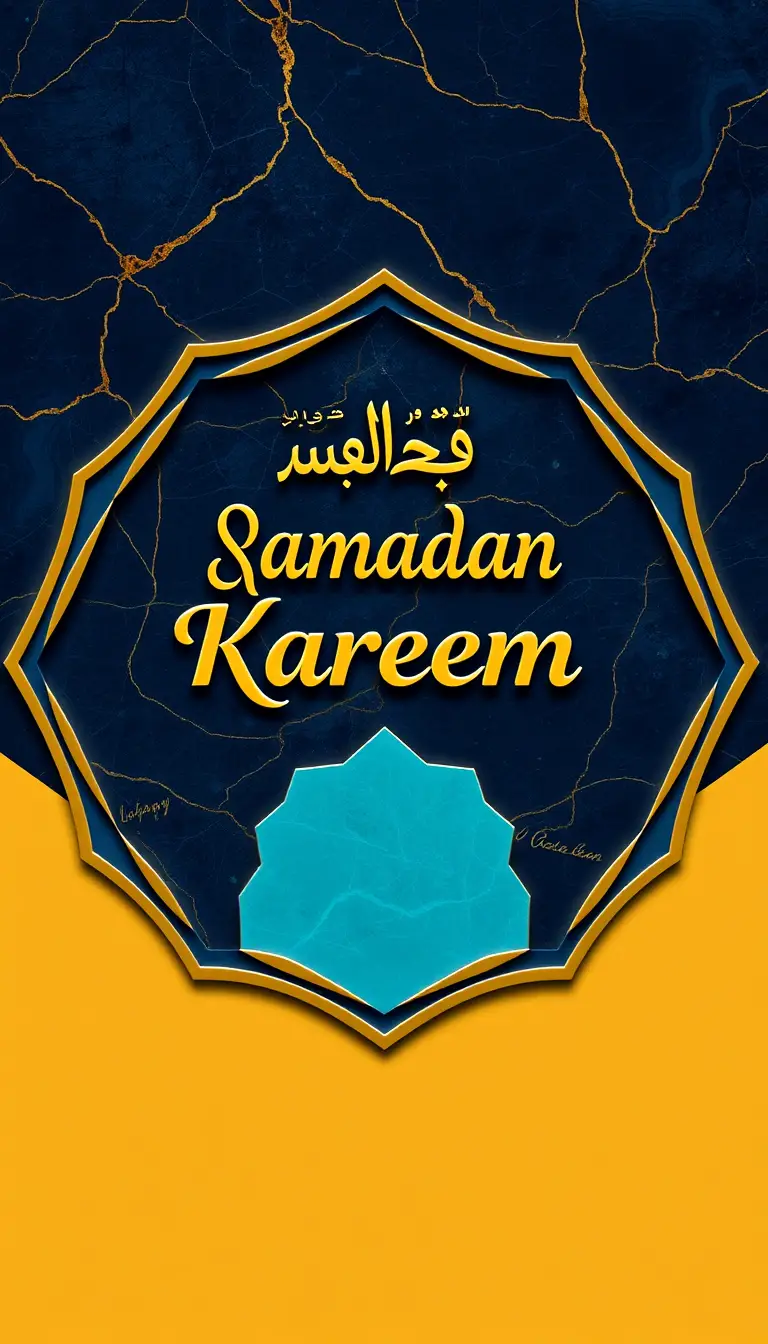 Cartão de Ramadan Kareem com caligrafia dourada e geometria