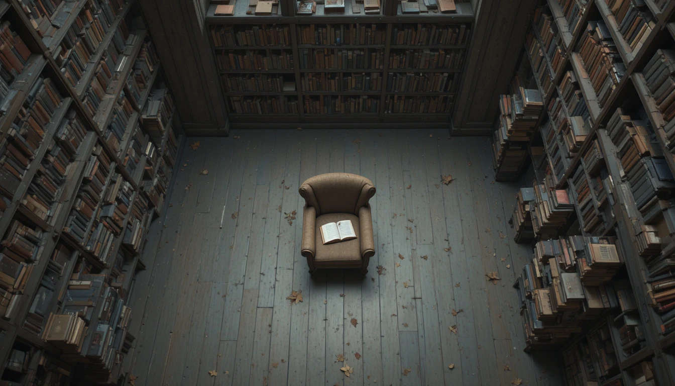 Vista de cima de uma biblioteca silenciosa com uma única poltrona