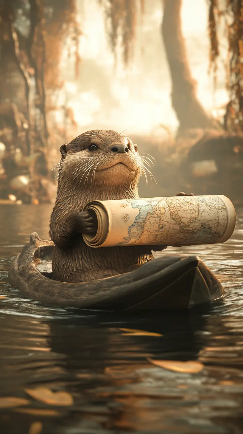 Loutre exploratrice curieuse flottant avec une carte nautique
