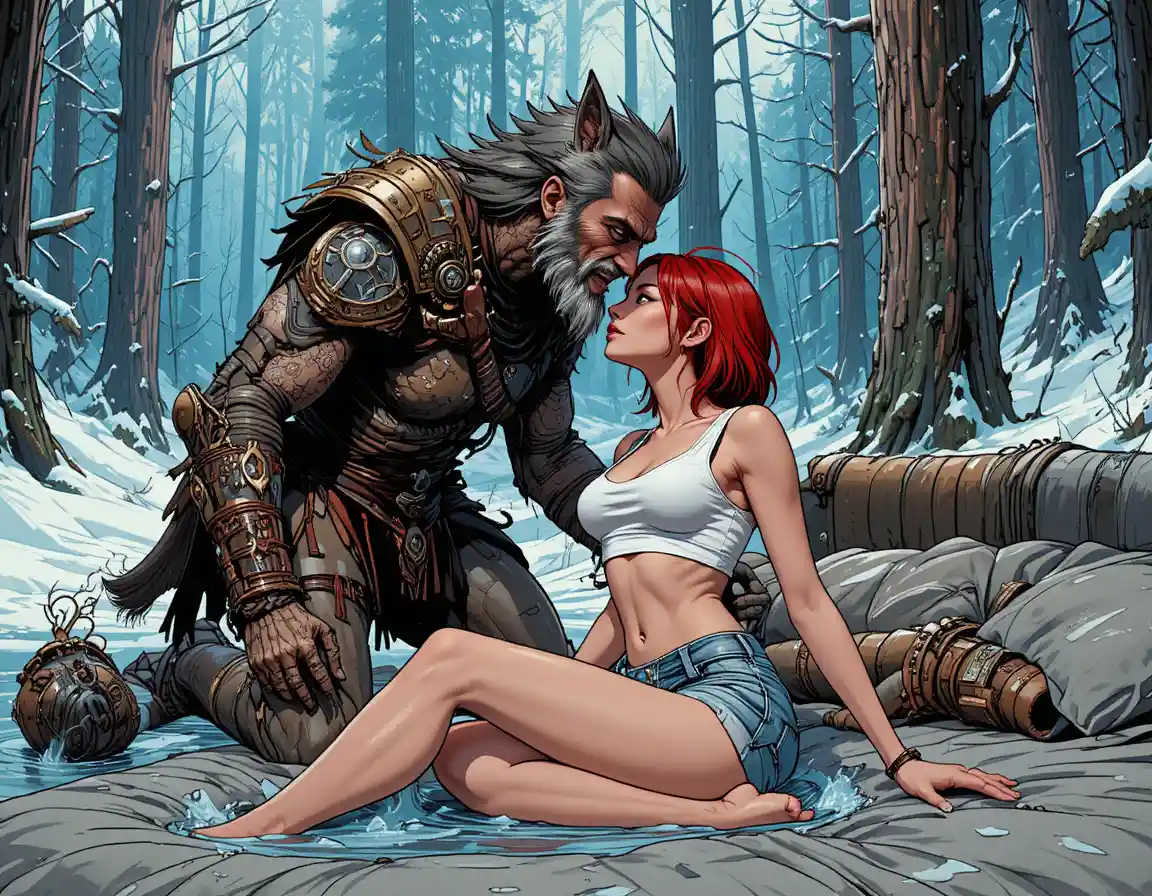 Armored werewolf warrior dominating foes in snowy forest