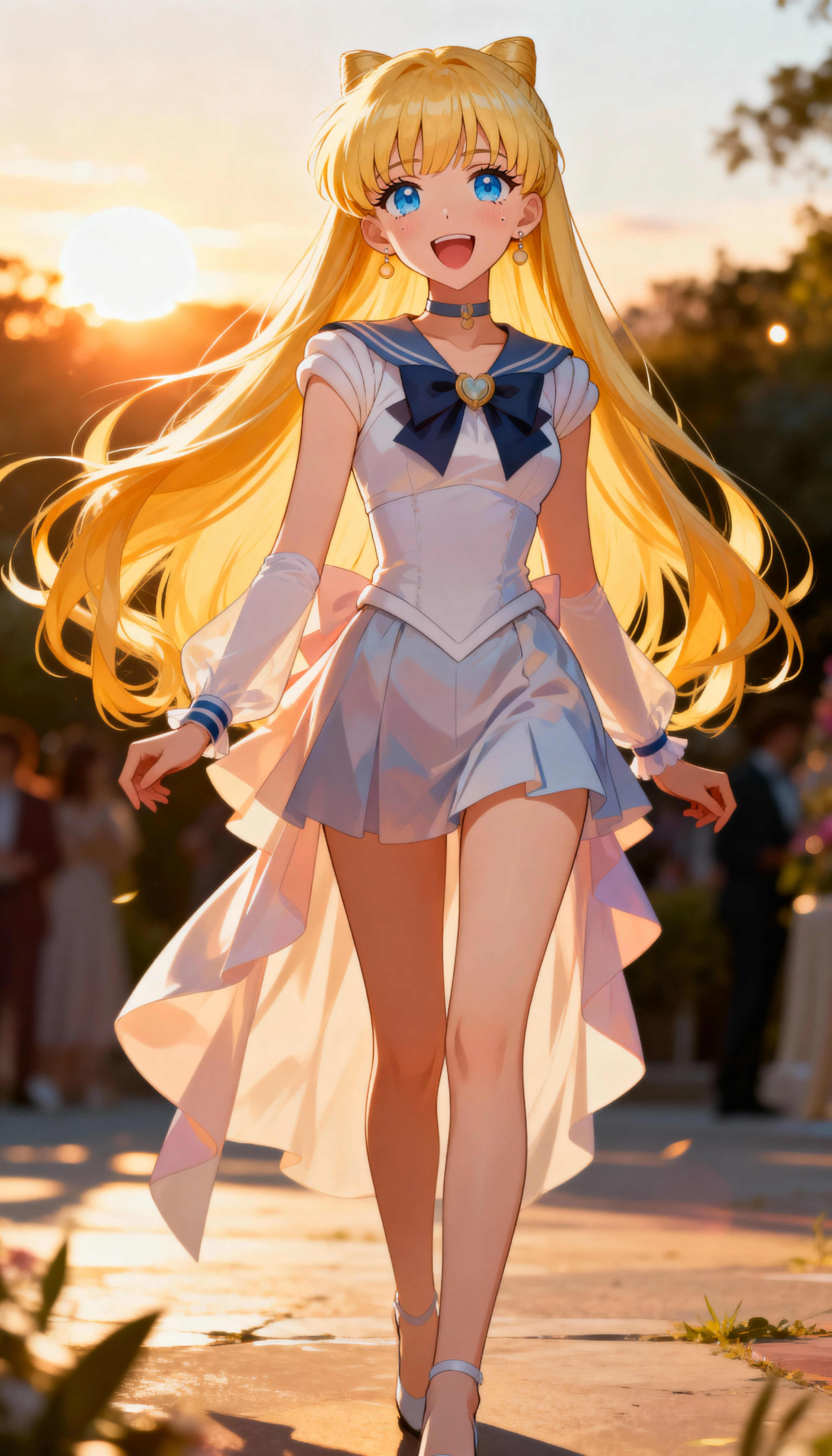 Mulher loira de anime alegre ao ar livre na hora dourada