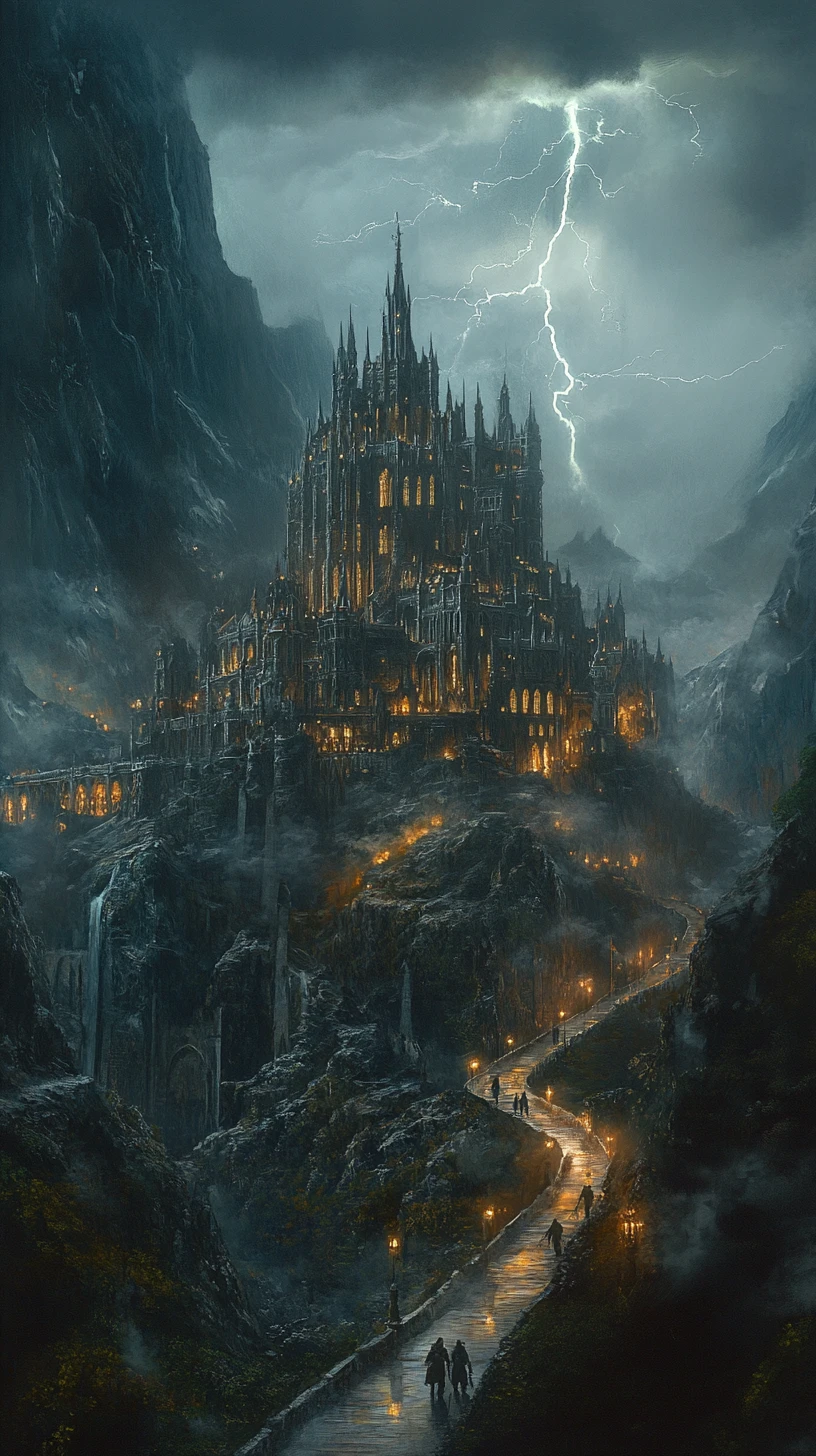Castelo gótico na montanha iluminado por tempestades e viajantes distantes