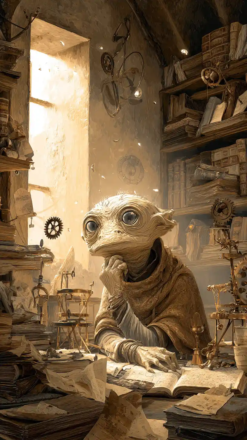 Livre ancien anthropomorphe dans le bureau encombré d’un érudit