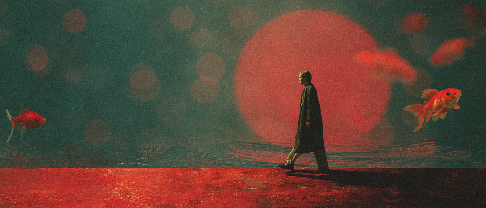 Diorama surreal em vermelho flamejante em estilo de colagem minimalista