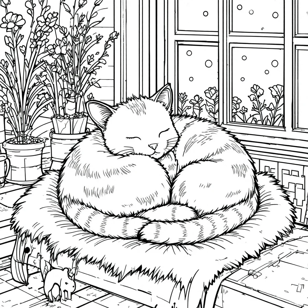 Gatto in arte lineare accoccolato su una coperta vicino alla finestra