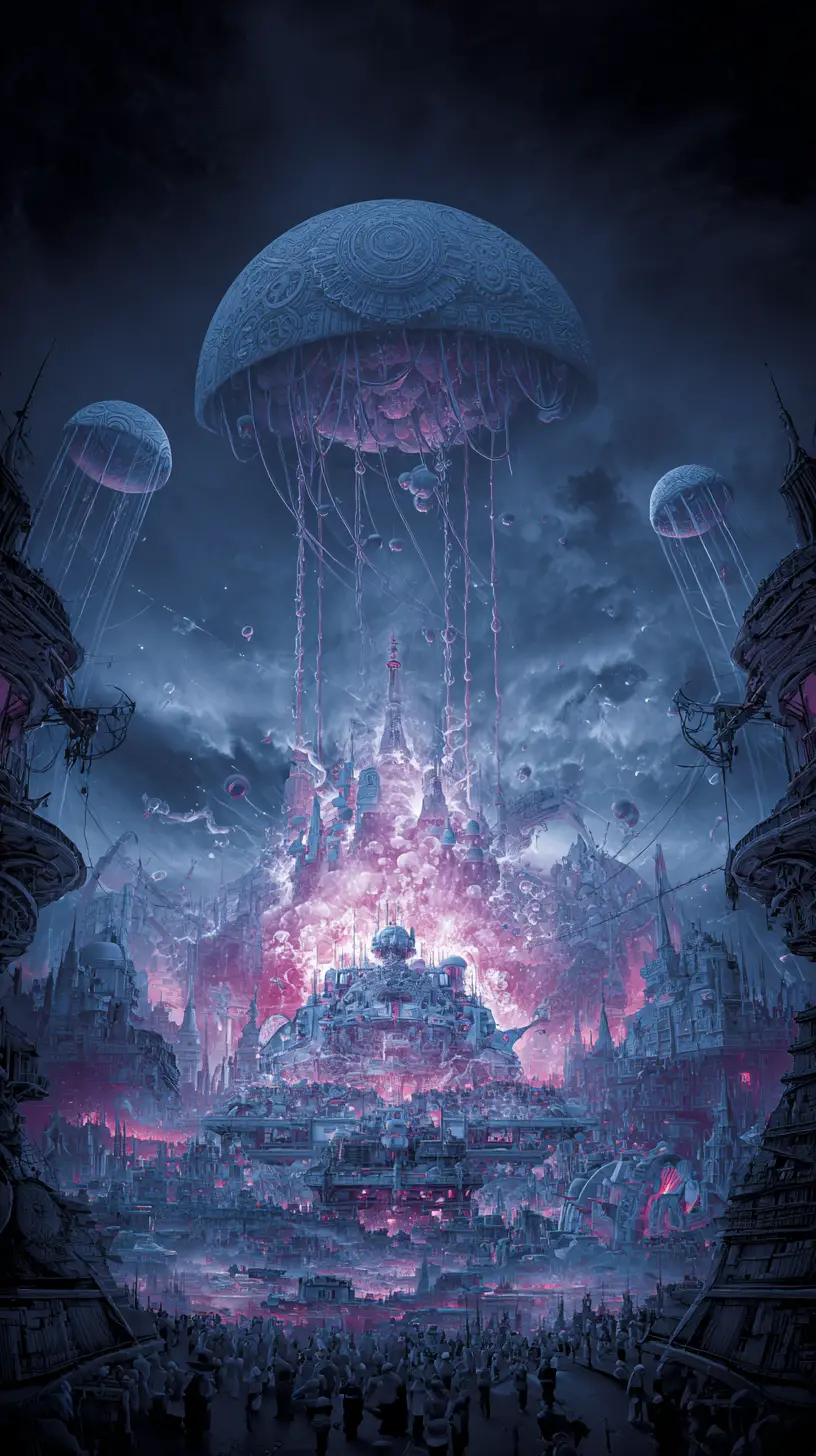 Ilusão surreal de um alienígena cyberpunk na escuridão cósmica