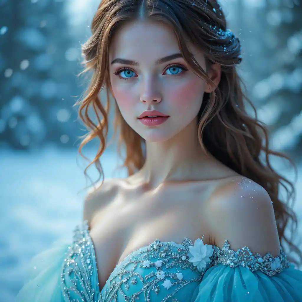 Ragazza mistica in abito blu sotto la neve artica che cade