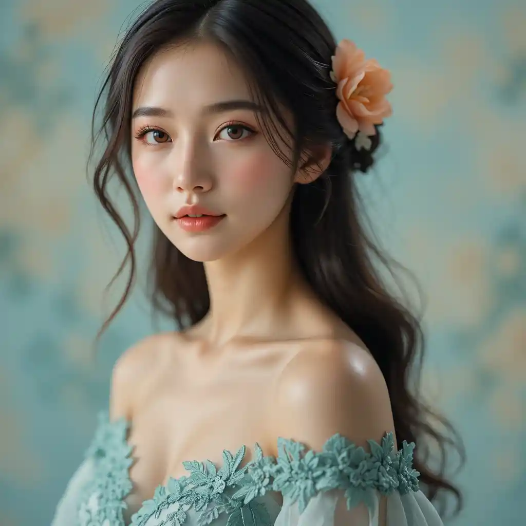 청록색 레이스 드레스를 입은 젊은 아시아 여성의 초상