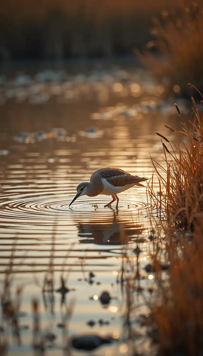 金色夕陽下獨自涉水的潟湖濱鳥