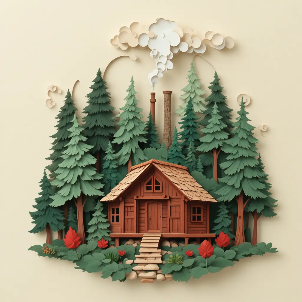 Layered paper cut forest cabin in soft green and red