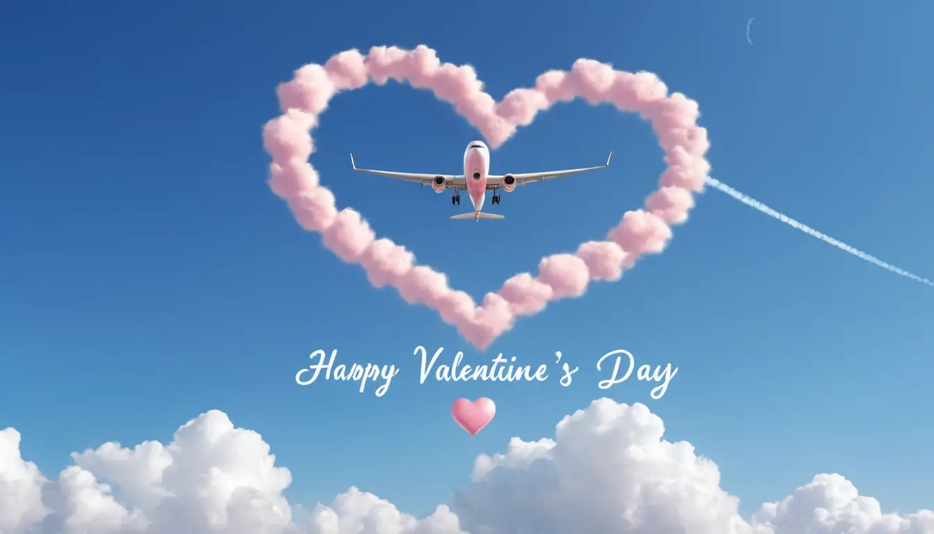 Avion écrivant un message de joyeuse Saint-Valentin dans un ciel nuageux