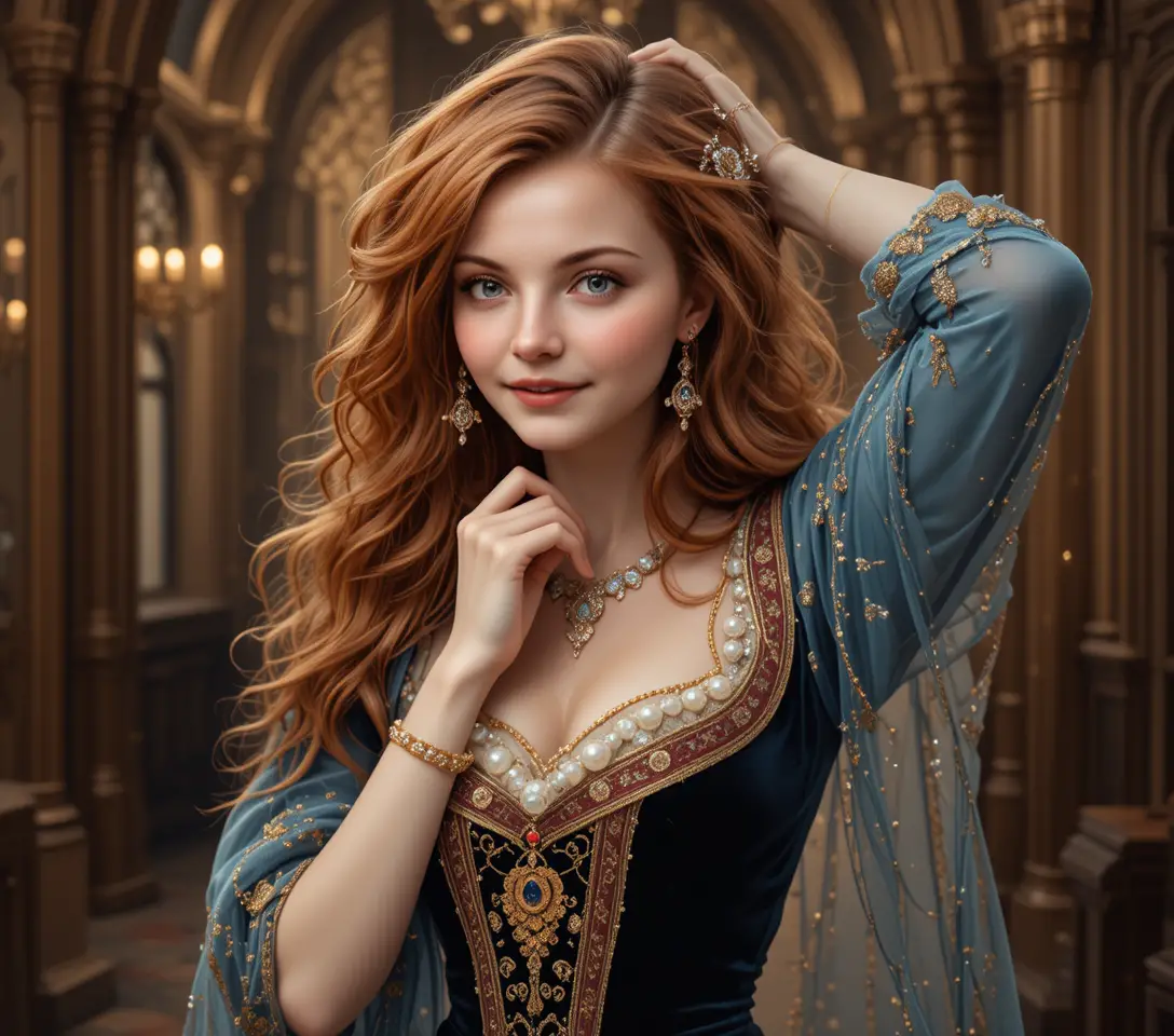 ベルベットドレスの優雅な中世女性ポートレート