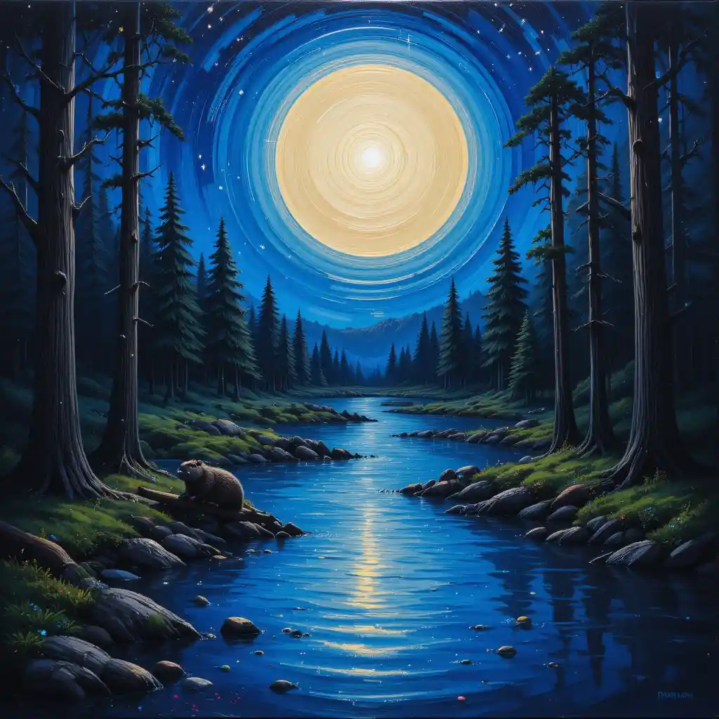 Friedlicher Waldbach unter einem hellen Vollmond