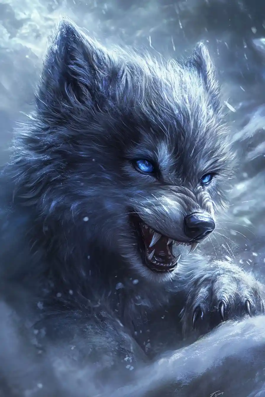 Filhote de lobo prateado feliz descansando sob a suave luz da lua