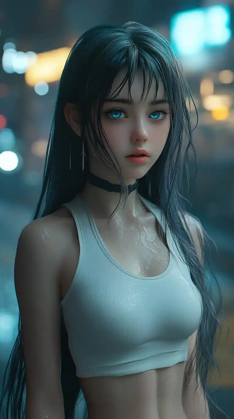 Anime woman in a city street with fearful blue eyes