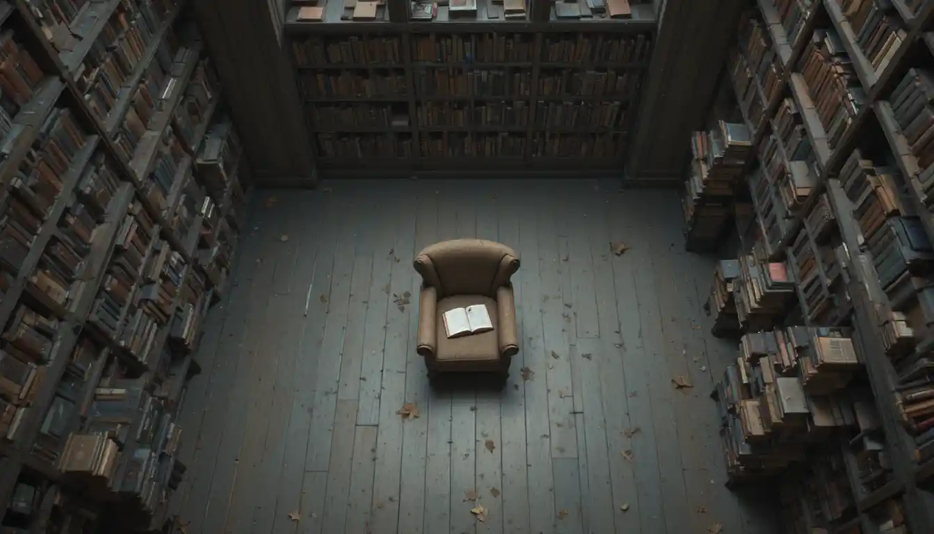 Vista cenital de una biblioteca silenciosa con un solo sillón