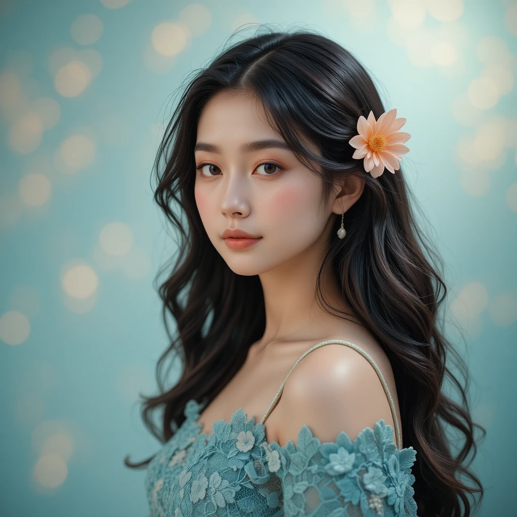 身穿青綠色蕾絲一字領禮服的年輕亞洲女性