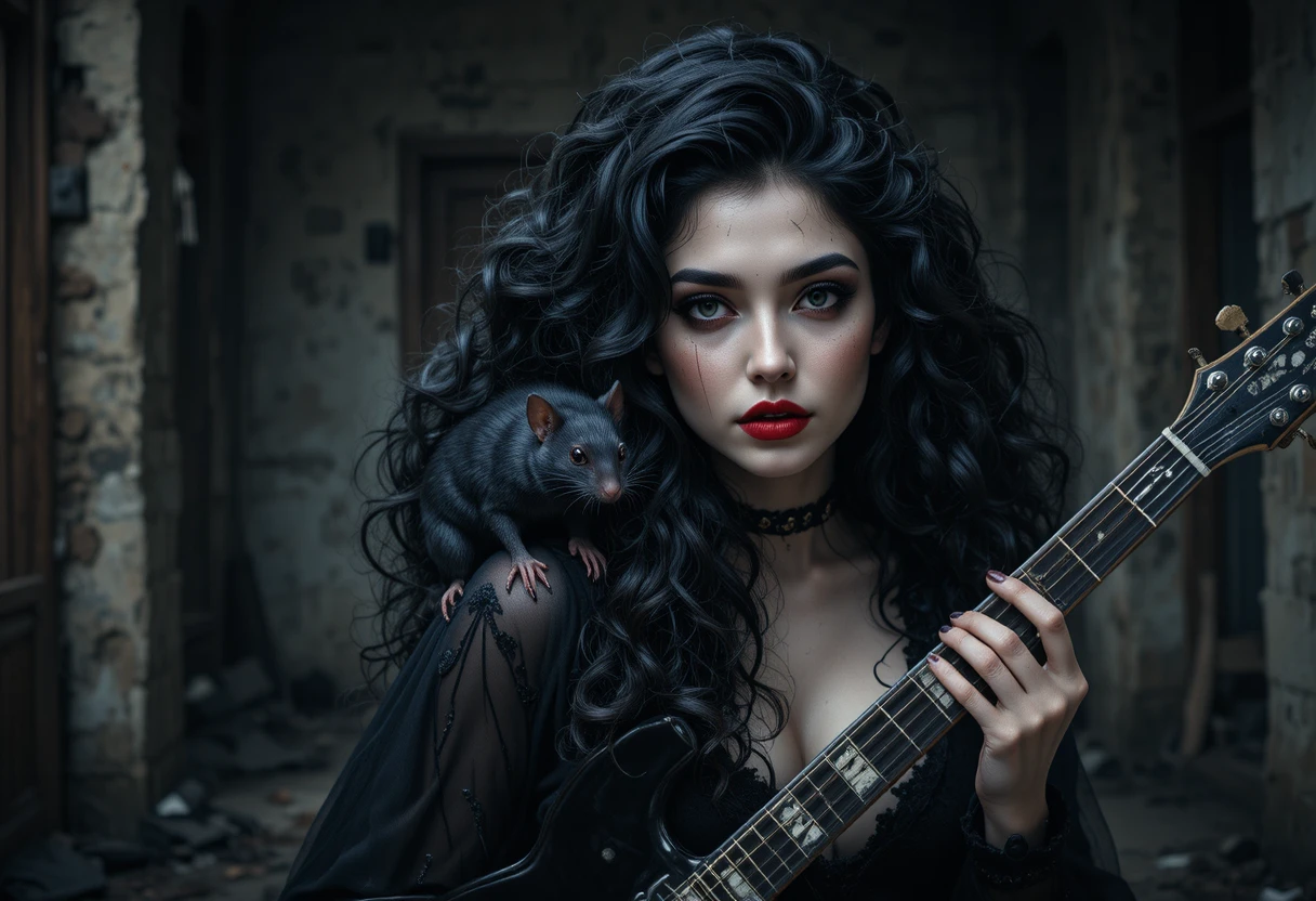 Gothic woman portrait in dark cinematic studio shadows