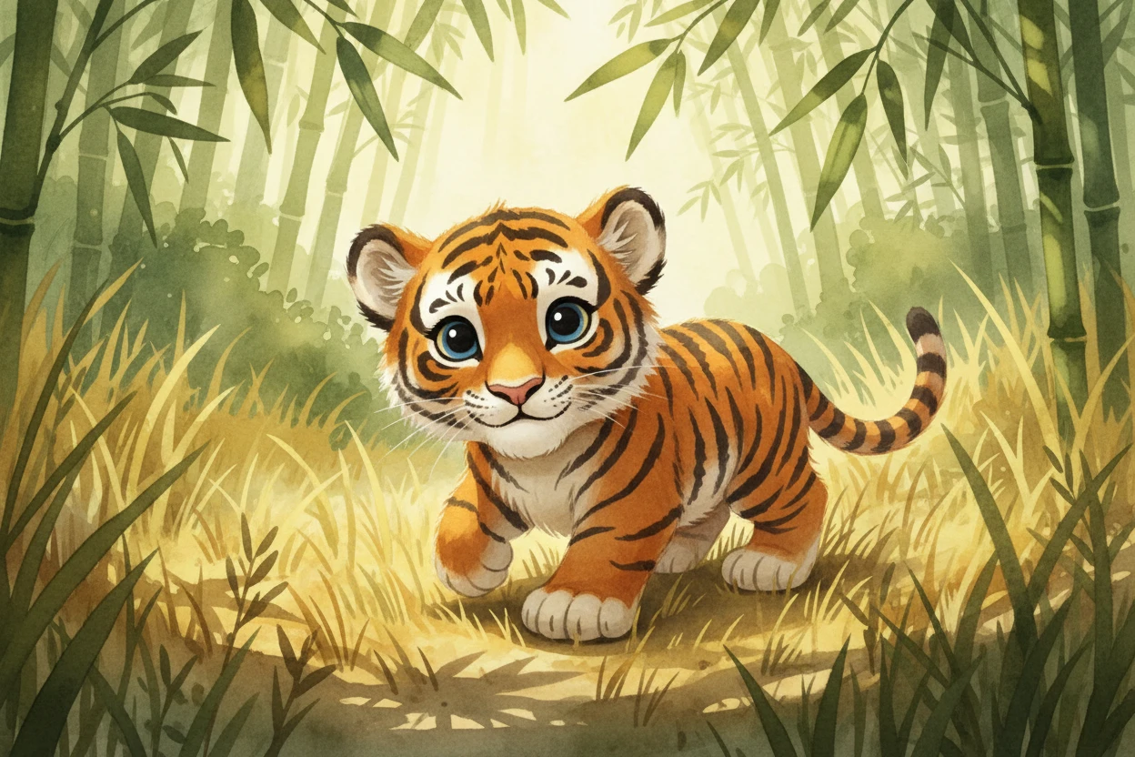Jeune tigre dans l’herbe dorée – scène de forêt en aquarelle