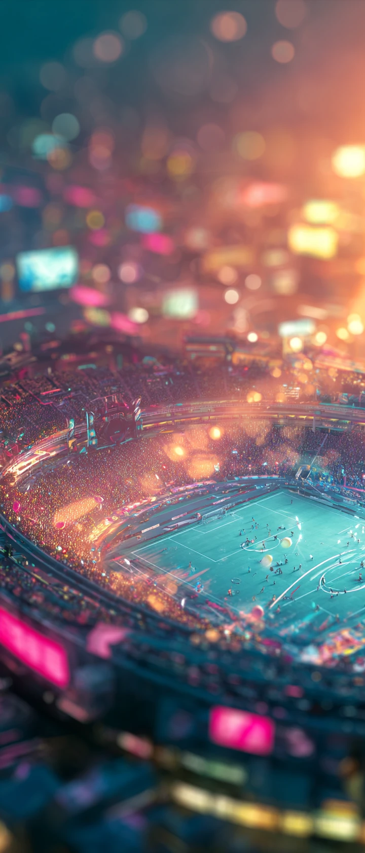 Tilt shift anime mecha soccer finale in packed stadium