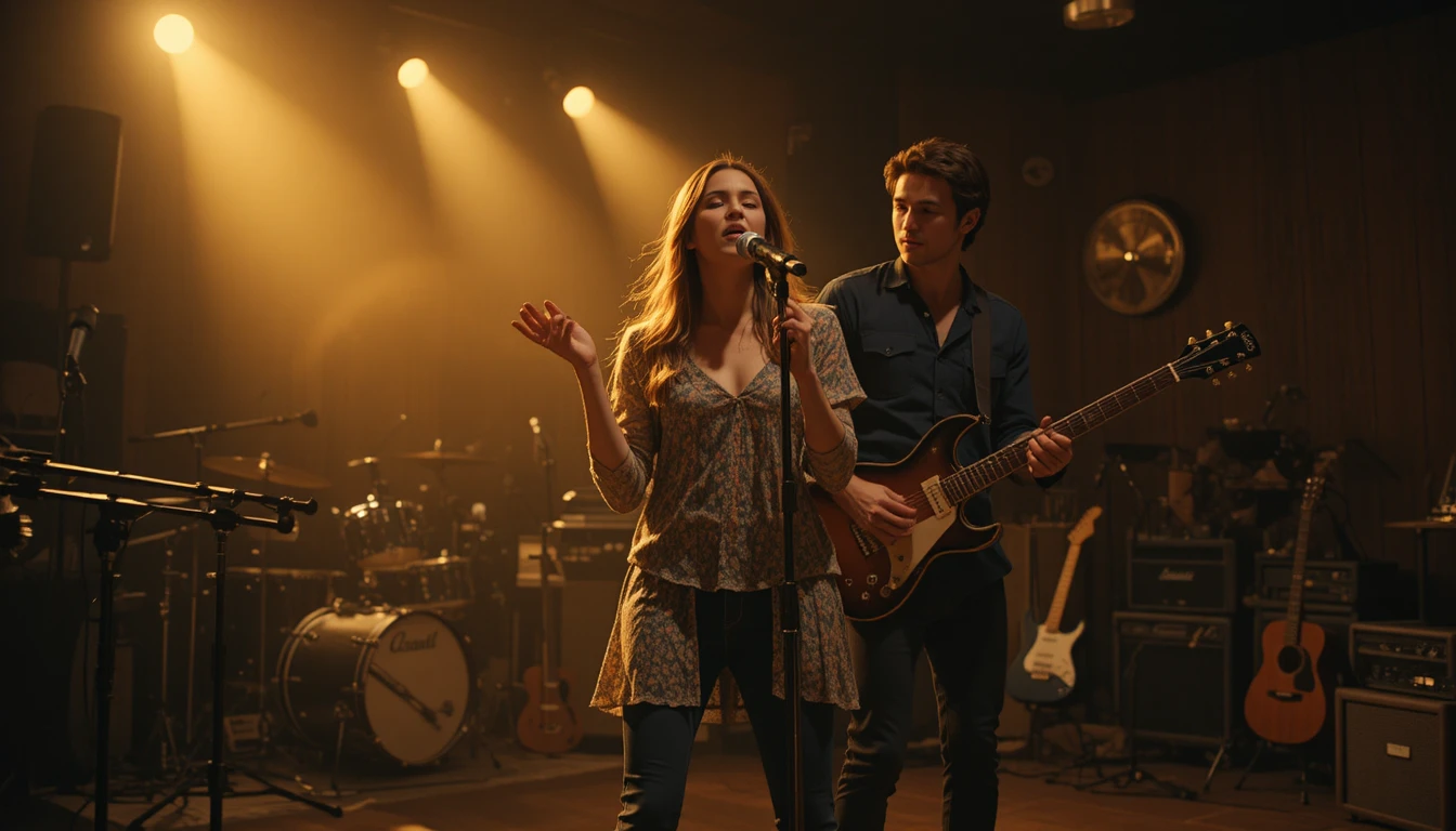 Female singer under warm spotlight on intimate studio stage